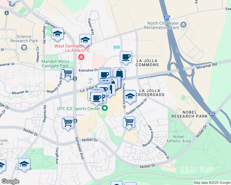 map of restaurants, bars, coffee shops, grocery stores, and more near 4577 La Jolla Village Dr in San Diego