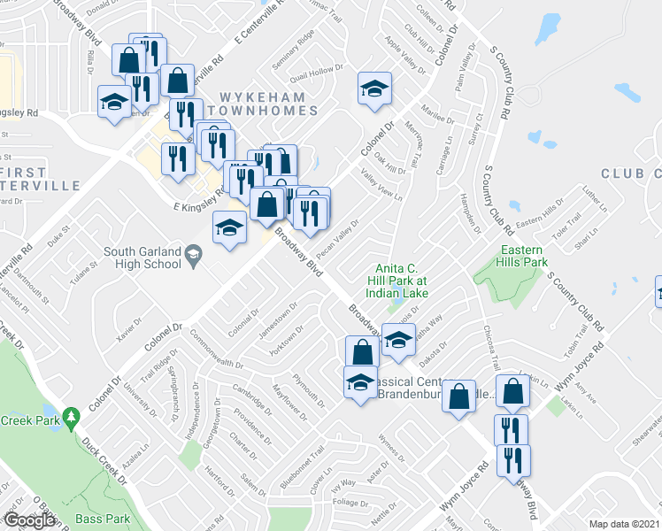 map of restaurants, bars, coffee shops, grocery stores, and more near 1154 Garden Gate Circle in Garland