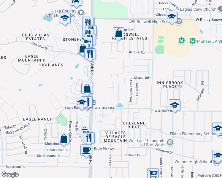 map of restaurants, bars, coffee shops, grocery stores, and more near 6341 Sloop Street in Fort Worth