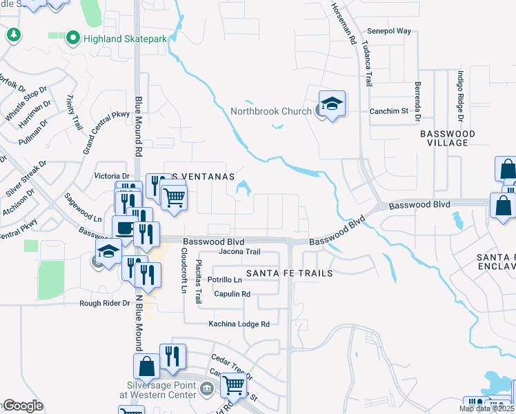 map of restaurants, bars, coffee shops, grocery stores, and more near 1840 Rio Costilla Road in Fort Worth