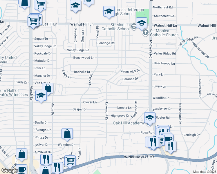map of restaurants, bars, coffee shops, grocery stores, and more near 9562 Lakemont Drive in Dallas