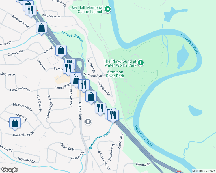 map of restaurants, bars, coffee shops, grocery stores, and more near 2568 Delano Drive in Macon