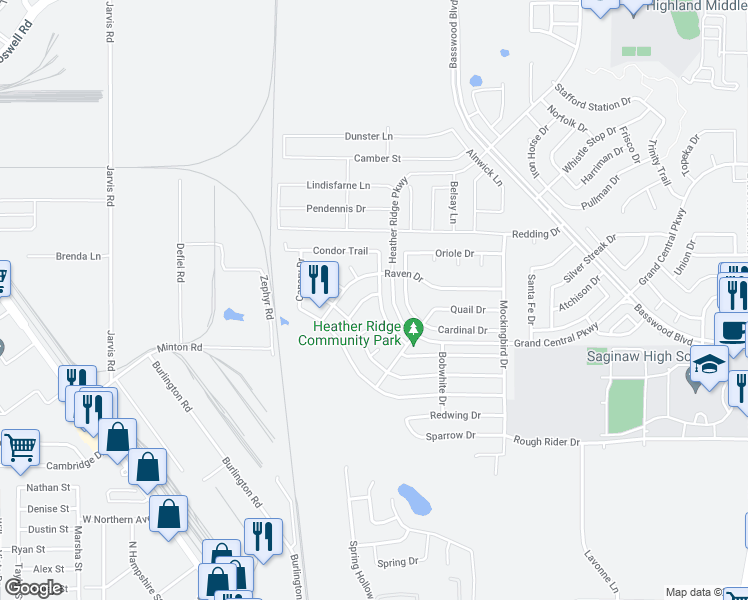 map of restaurants, bars, coffee shops, grocery stores, and more near 852 Meadowlark Drive in Saginaw