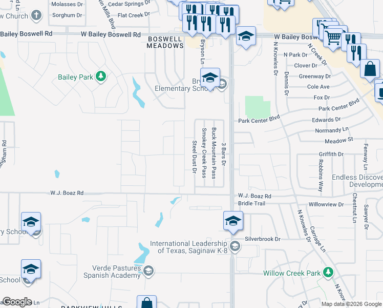 map of restaurants, bars, coffee shops, grocery stores, and more near 8404 Steel Dust Drive in Fort Worth