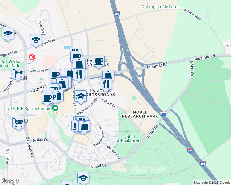 map of restaurants, bars, coffee shops, grocery stores, and more near 9025 Sydney Court in San Diego