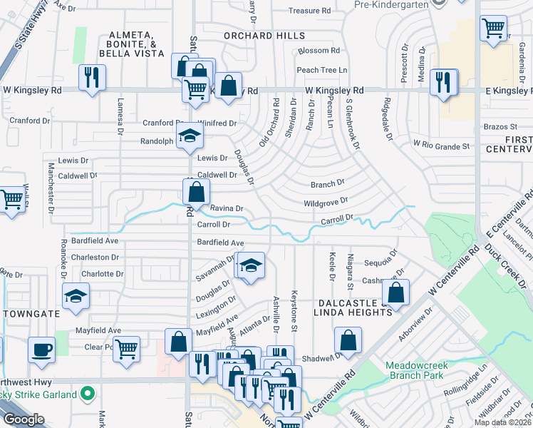 map of restaurants, bars, coffee shops, grocery stores, and more near 3621 Douglas Drive in Garland
