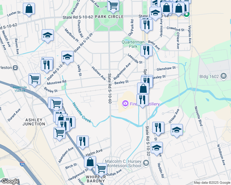 map of restaurants, bars, coffee shops, grocery stores, and more near 4250 South Rhett Avenue in North Charleston