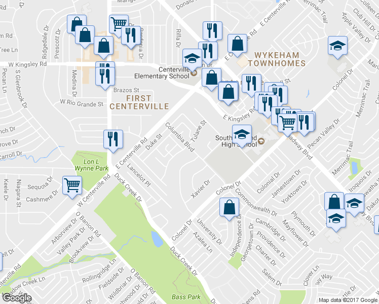map of restaurants, bars, coffee shops, grocery stores, and more near 3605 Columbia Boulevard in Garland