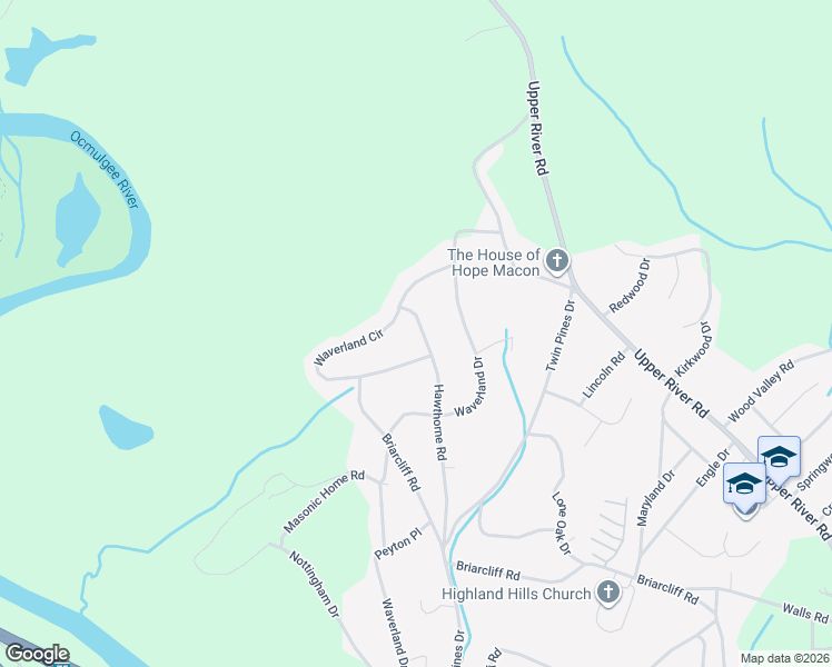 map of restaurants, bars, coffee shops, grocery stores, and more near 1756 Hawthorne Road in Macon