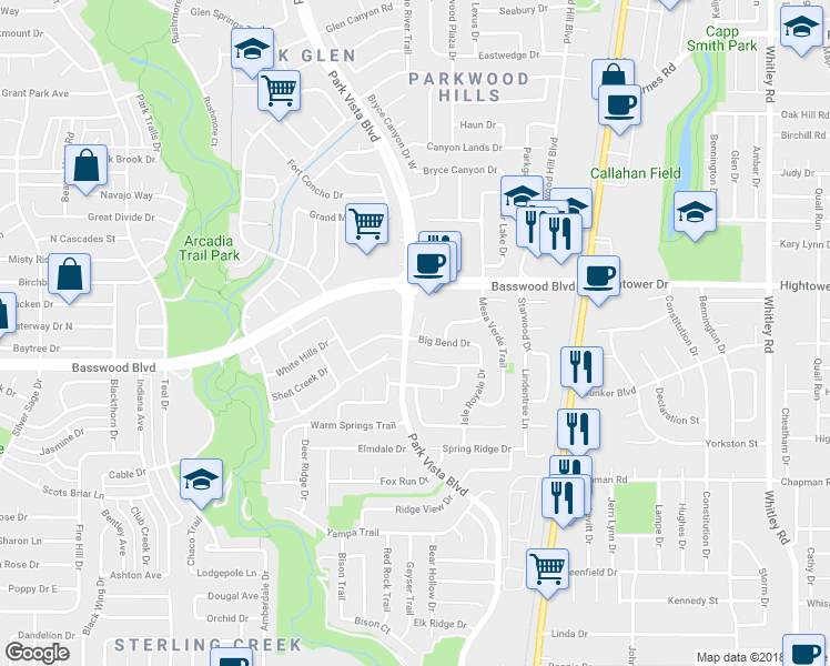 map of restaurants, bars, coffee shops, grocery stores, and more near 7301 Big Bend Court in Fort Worth