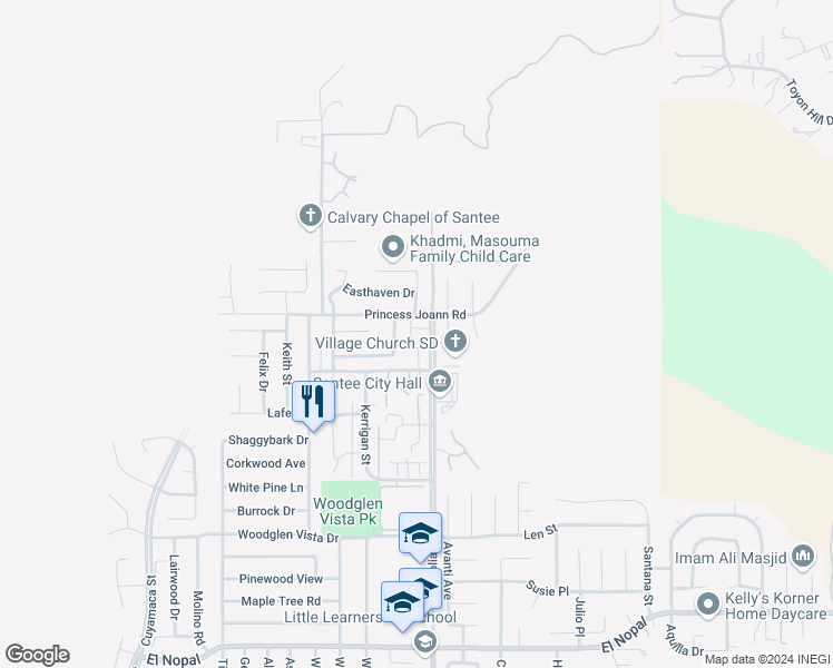 map of restaurants, bars, coffee shops, grocery stores, and more near 10760 Magnolia Avenue in Santee