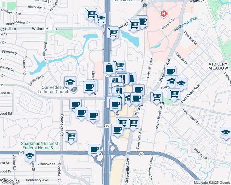 map of restaurants, bars, coffee shops, grocery stores, and more near 9100 North Central Expressway in Dallas