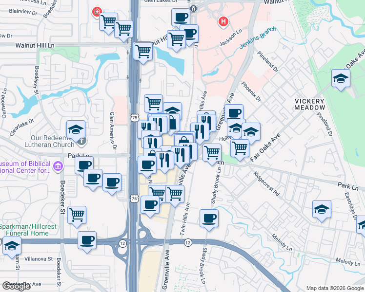 map of restaurants, bars, coffee shops, grocery stores, and more near 8169 Park Lane in Dallas