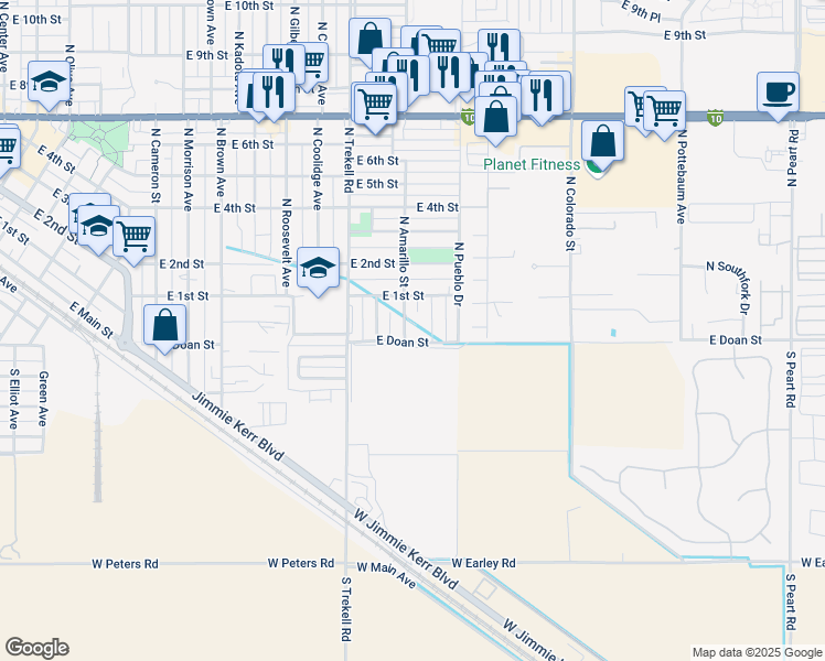 map of restaurants, bars, coffee shops, grocery stores, and more near 60 North Amarillo Street in Casa Grande