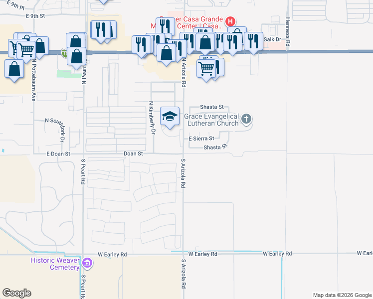 map of restaurants, bars, coffee shops, grocery stores, and more near 1713 North Shasta Circle in Casa Grande