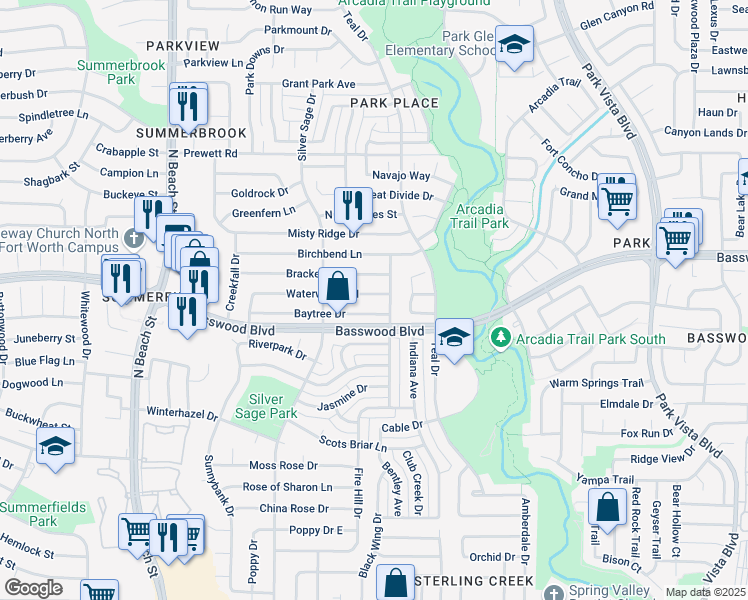 map of restaurants, bars, coffee shops, grocery stores, and more near 4748 Waterway Drive North in Fort Worth