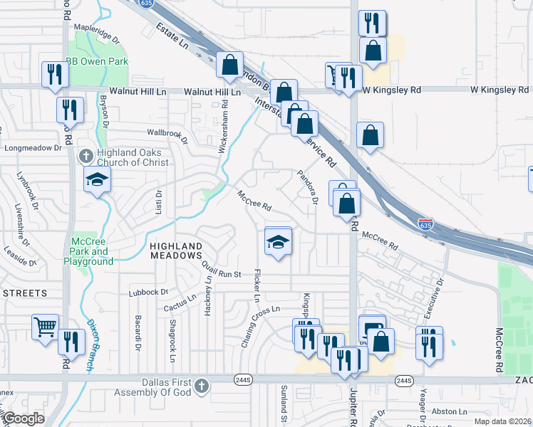 map of restaurants, bars, coffee shops, grocery stores, and more near 11236 McCree Road in Dallas