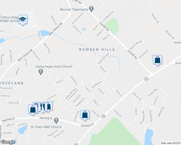 map of restaurants, bars, coffee shops, grocery stores, and more near Shady Road Plaza in Macon