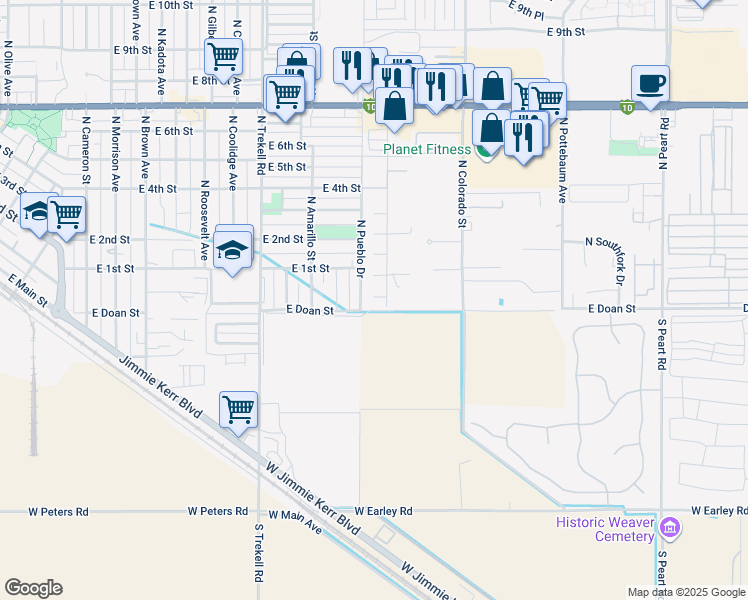 map of restaurants, bars, coffee shops, grocery stores, and more near 1215 East Huron Court in Casa Grande