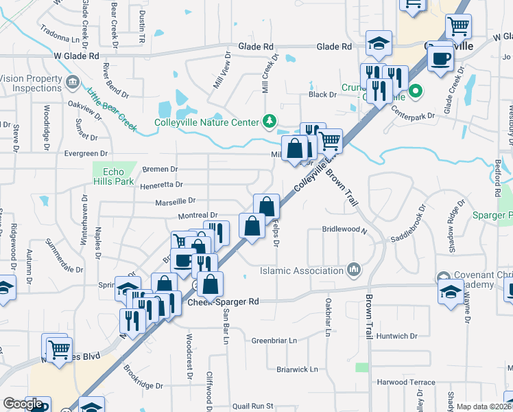 map of restaurants, bars, coffee shops, grocery stores, and more near 101 Montreal Dr in Hurst