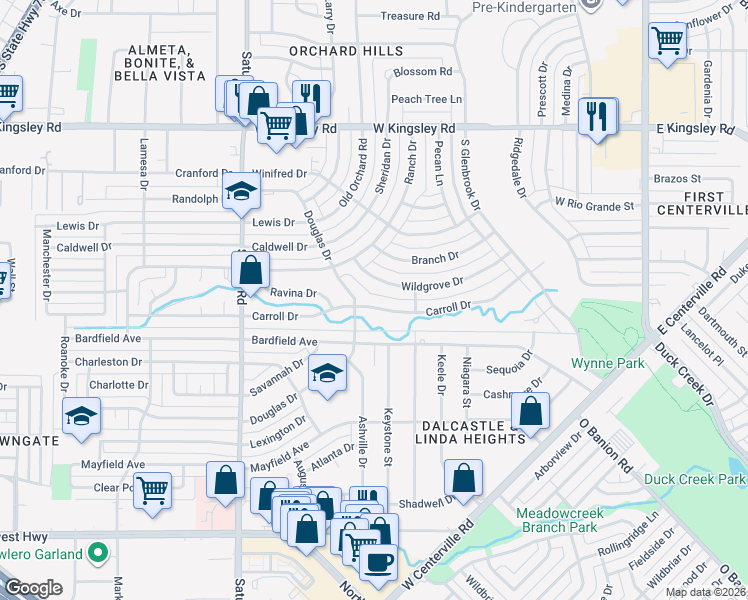 map of restaurants, bars, coffee shops, grocery stores, and more near 905 Carroll Drive in Garland