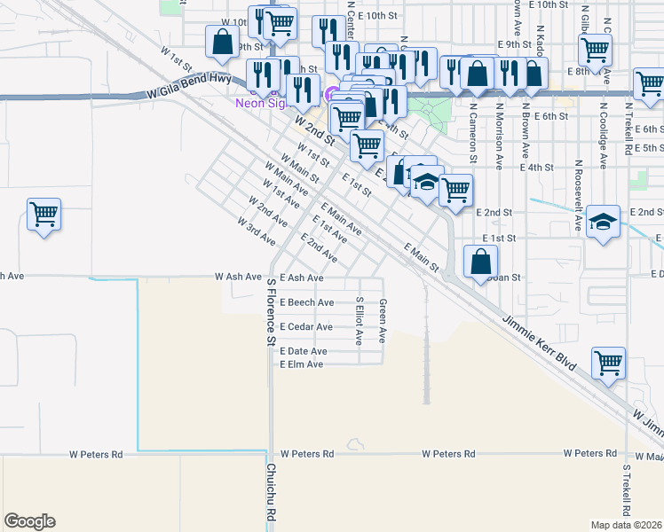 map of restaurants, bars, coffee shops, grocery stores, and more near 301 E 2nd Ave in Casa Grande
