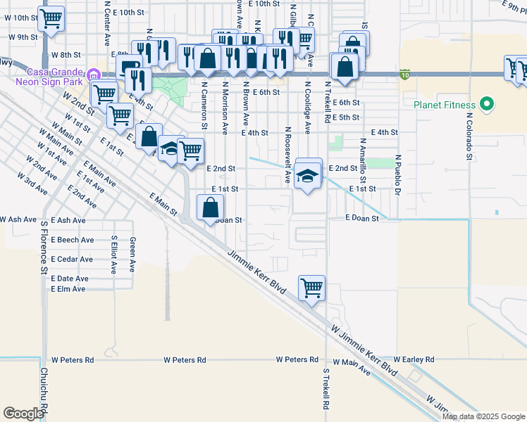 map of restaurants, bars, coffee shops, grocery stores, and more near 50 North Brown Avenue in Casa Grande