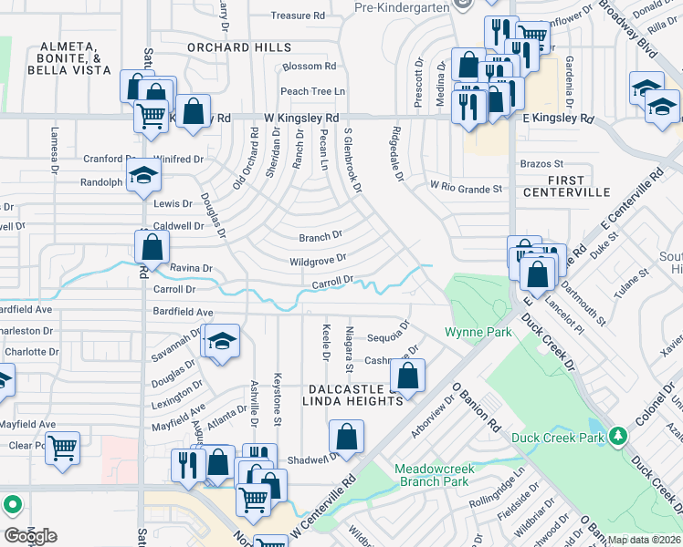 map of restaurants, bars, coffee shops, grocery stores, and more near 709 Carroll Drive in Garland