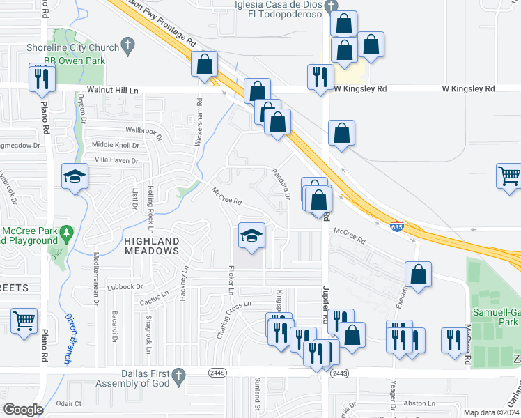map of restaurants, bars, coffee shops, grocery stores, and more near 11261 McCree Road in Dallas