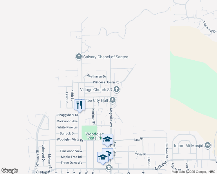 map of restaurants, bars, coffee shops, grocery stores, and more near 10760 Magnolia Avenue in Santee