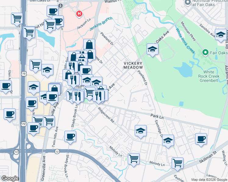 map of restaurants, bars, coffee shops, grocery stores, and more near 7152 Fair Oaks Avenue in Dallas