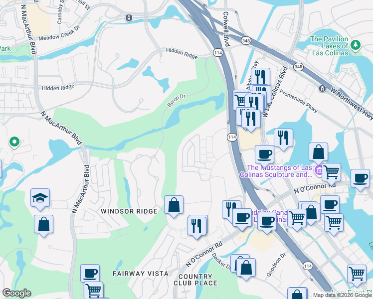 map of restaurants, bars, coffee shops, grocery stores, and more near 4852 Isleworth Drive in Irving