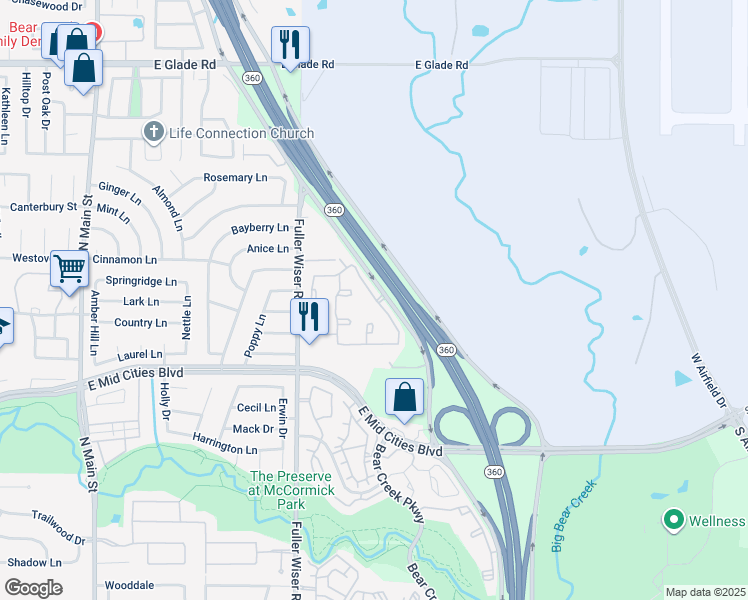 map of restaurants, bars, coffee shops, grocery stores, and more near 2525 Texas 360 in Euless
