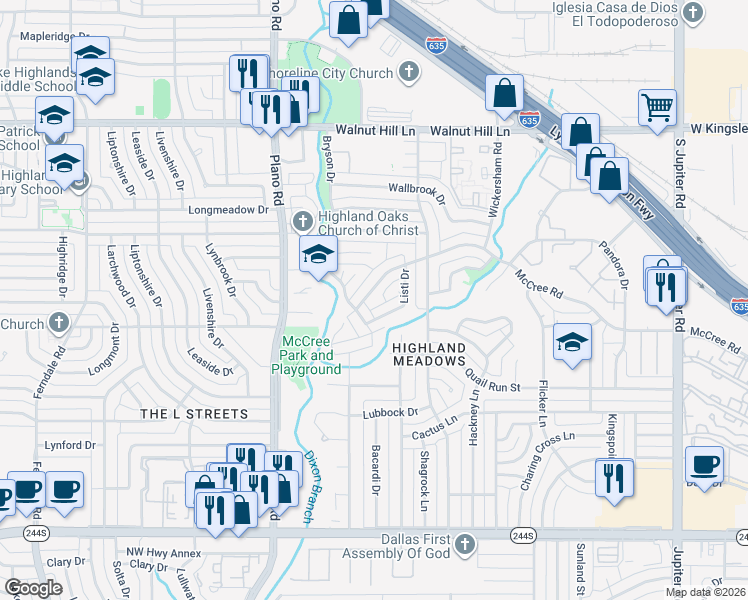 map of restaurants, bars, coffee shops, grocery stores, and more near 10914 McCree Road in Dallas