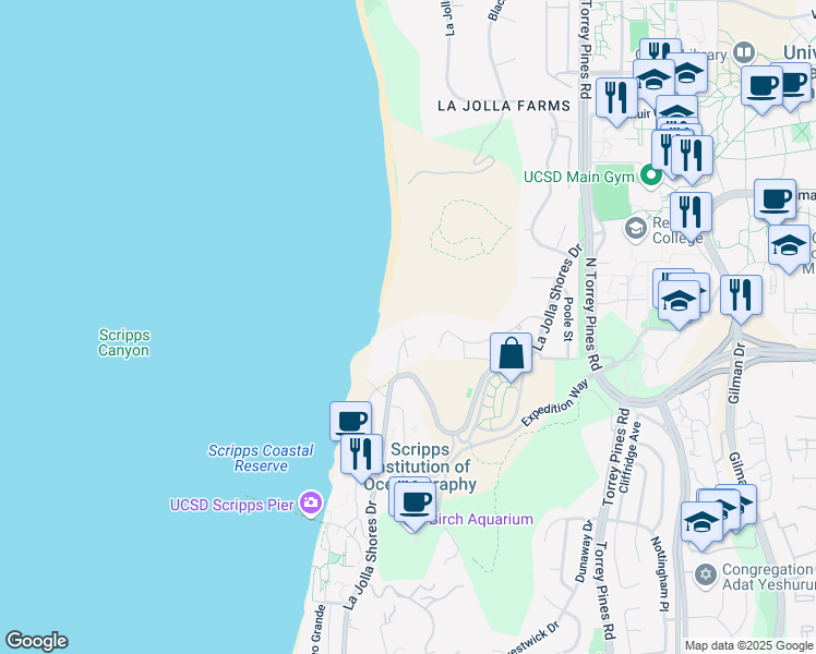 map of restaurants, bars, coffee shops, grocery stores, and more near 9046 La Jolla Shores Lane in San Diego