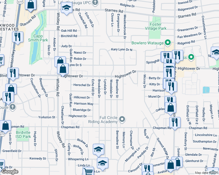 map of restaurants, bars, coffee shops, grocery stores, and more near 6928 Lyndale Drive in Watauga
