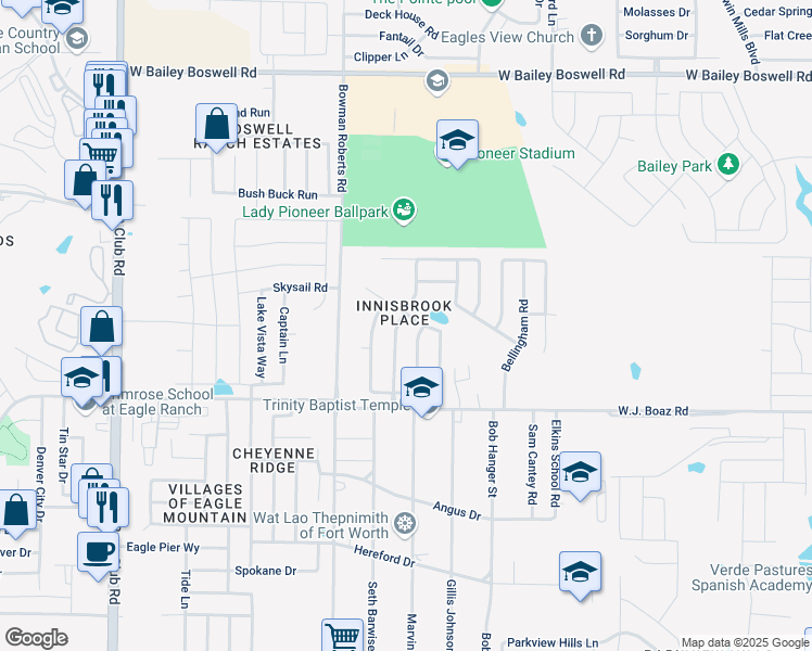 map of restaurants, bars, coffee shops, grocery stores, and more near 7524 Innisbrook Ln in Fort Worth