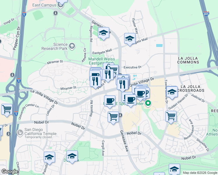 map of restaurants, bars, coffee shops, grocery stores, and more near 4216 La Jolla Village Drive in San Diego