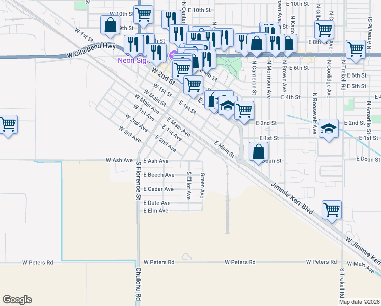 map of restaurants, bars, coffee shops, grocery stores, and more near 210 S Drylake St in Casa Grande
