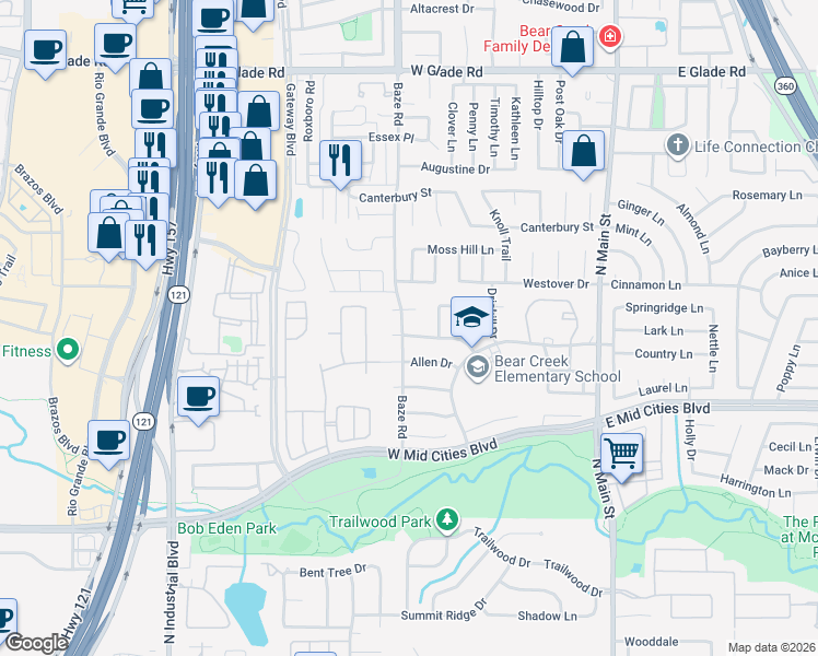 map of restaurants, bars, coffee shops, grocery stores, and more near 506 Cherry Ann Drive in Euless