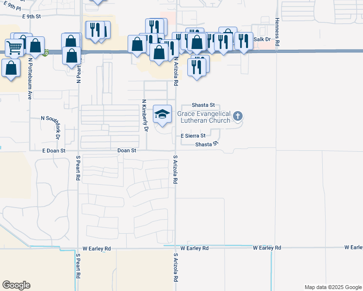 map of restaurants, bars, coffee shops, grocery stores, and more near 1717 East Shasta Street in Casa Grande