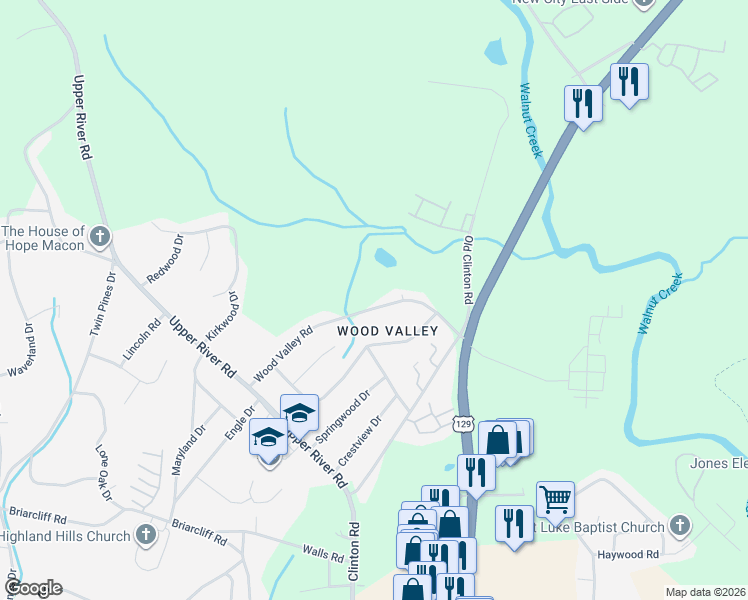 map of restaurants, bars, coffee shops, grocery stores, and more near 1910 Wood Valley Road in Macon