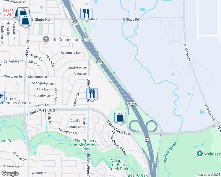 map of restaurants, bars, coffee shops, grocery stores, and more near 2525 Texas 360 in Euless