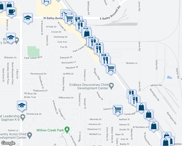 map of restaurants, bars, coffee shops, grocery stores, and more near 309 Comiskey Court in Saginaw
