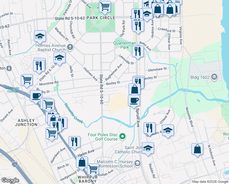 map of restaurants, bars, coffee shops, grocery stores, and more near 1165 Rome Lane in North Charleston