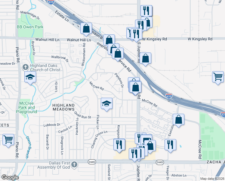 map of restaurants, bars, coffee shops, grocery stores, and more near 11305 McCree Road in Dallas