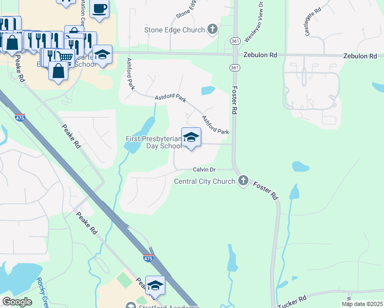 map of restaurants, bars, coffee shops, grocery stores, and more near 5671 Calvin Drive in Macon