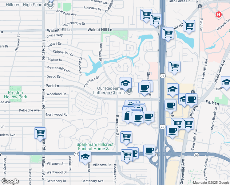 map of restaurants, bars, coffee shops, grocery stores, and more near 9010 Villa Park Circle in Dallas