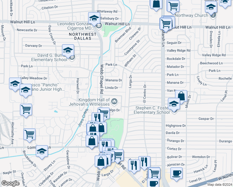 map of restaurants, bars, coffee shops, grocery stores, and more near 3453 Nogales Drive in Dallas