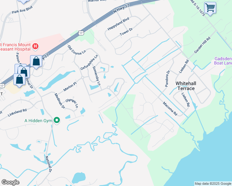 map of restaurants, bars, coffee shops, grocery stores, and more near 3566 Stockton Drive in Mount Pleasant